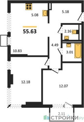 Планировка двухкомнатной(квартира) площадью 55.63 квадратных метров в ЖК “ЖК Пригород Лесное”