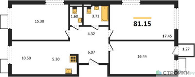 Планировка трехкомнатной(квартира) площадью 81.15 квадратных метров в ЖК “ЖК Мытищи Парк”