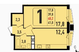 Планировка однокомнатной(квартира) площадью 40.2 квадратных метров в “ЖК Фрунзенский”