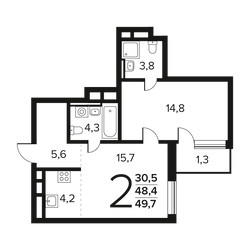 Планировка двухкомнатной(квартира) площадью 49.7 квадратных метров в ЖК “Новые Ватутинки. Заречный”