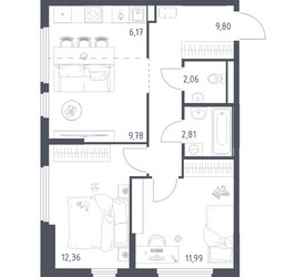 Планировка двухкомнатной(квартира) площадью 54.97 квадратных метров в ЖК “ЖК Остафьево”