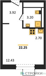 Планировка студии(квартира) площадью 22.25 квадратных метров в ЖК “Квартал Ивакино”