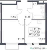 Планировка однокомнатной(квартира) площадью 35.86 квадратных метров в “ЖК Пригород Лесное”
