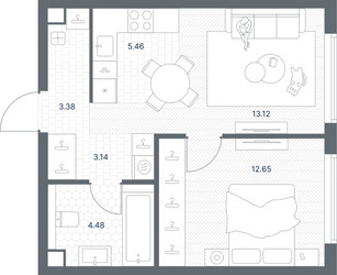 Планировка однокомнатной(квартира) площадью 42.23 квадратных метров в ЖК “ЖК TATE (Тэйт)”