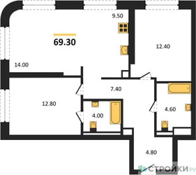 Планировка двухкомнатной(квартира) площадью 69.3 квадратных метров в ЖК “ЖК STONE Sokolniki (Сокольники)”