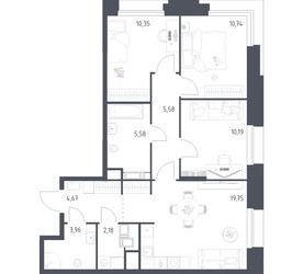 Планировка трехкомнатной(апартаменты) площадью 73 квадратных метров в ЖК “ЖК Апарт-отель Тропарево парк”