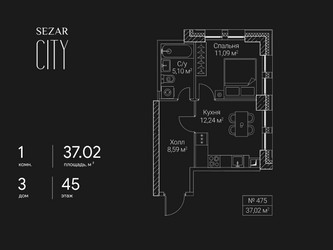 Планировка однокомнатной(квартира) площадью 37.02 квадратных метров в ЖК “ЖК Сезар Сити”