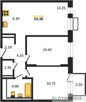 Планировка двухкомнатной(квартира) площадью 52.38 квадратных метров в “ЖК Пятницкие луга”