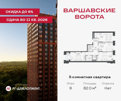 Планировка трехкомнатной(квартира) площадью 82 квадратных метров в “ЖК Варшавские ворота”