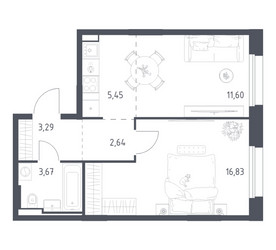 Планировка однокомнатной(квартира) площадью 43.48 квадратных метров в ЖК “ЖК Заречье Парк”