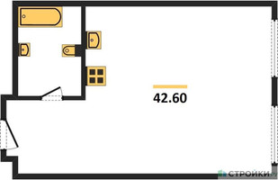 Планировка однокомнатной(апартаменты) площадью 42.6 квадратных метров в “ЖК Nametkin Tower (Наметкин Тауэр)”