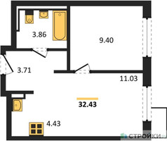 Планировка однокомнатной(квартира) площадью 32.43 квадратных метров в “ЖК Мытищи Парк”