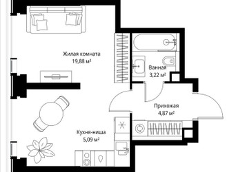 Планировка однокомнатной(квартира) площадью 33.06 квадратных метров в ЖК “Мультиквартал СИТИДЗЕН”
