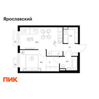 Планировка однокомнатной(квартира) площадью 37.4 квадратных метров в “ЖК Ярославский”