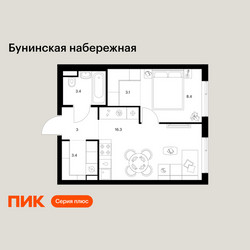 Планировка однокомнатной(квартира) площадью 37.6 квадратных метров в ЖК “Бунинская набережная”