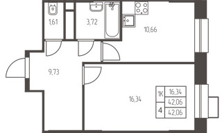 Планировка однокомнатной(квартира) площадью 42.1 квадратных метров в “ЖК Новая Ивантеевка”