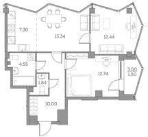 Планировка трехкомнатной(квартира) площадью 63.7 квадратных метров в “ЖК Аквилон Beside 2.0”