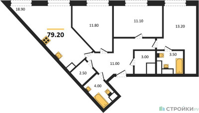 Планировка трехкомнатной(квартира) площадью 79.2 квадратных метров в ЖК “ЖК Voxhall (Воксхолл)”