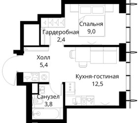 Планировка однокомнатной(квартира) площадью 33.1 квадратных метров в ЖК “ЖК Сити Бэй”
