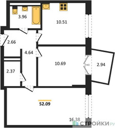 Планировка двухкомнатной(квартира) площадью 52.09 квадратных метров в ЖК “ЖК Квартал Марьино”