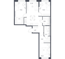 Планировка трехкомнатной(квартира) площадью 76.72 квадратных метров в ЖК “ЖК Квартал Ивакино”