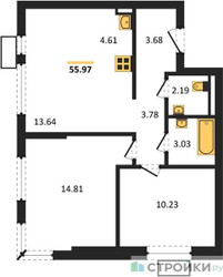 Планировка двухкомнатной(квартира) площадью 55.97 квадратных метров в ЖК “ЖК Горки Парк”
