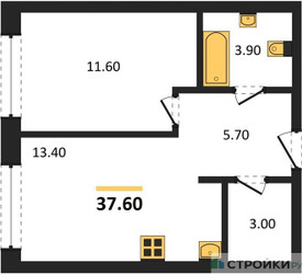 Планировка однокомнатной(квартира) площадью 37.6 квадратных метров в ЖК “ЖК Portland (Портланд)”