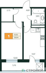 Планировка однокомнатной(квартира) площадью 39.94 квадратных метров в ЖК “Ласточкино”