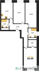 Планировка трехкомнатной(квартира) площадью 85.09 квадратных метров в ЖК “ЖК Городские Истории”