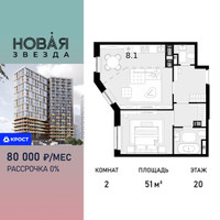 Планировка двухкомнатной(квартира) площадью 51 квадратных метров в “ЖК Новая Звезда (Газопровод)”