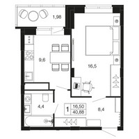 Планировка однокомнатной(квартира) площадью 40.9 квадратных метров в “ЖК Времена года”