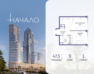 Планировка однокомнатной(квартира) площадью 47.3 квадратных метров в ЖК “ЖК Начало”