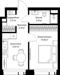 Планировка однокомнатной(квартира) площадью 33.86 квадратных метров в ЖК “ЖК Веер”
