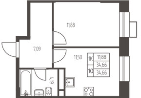 Планировка однокомнатной(квартира) площадью 34.6 квадратных метров в “ЖК Новая Ивантеевка”
