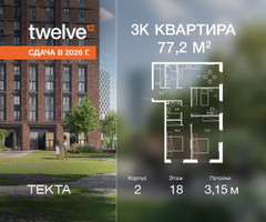 Планировка трехкомнатной(квартира) площадью 77.2 квадратных метров в “ЖК Твелв”