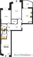 Планировка трехкомнатной(квартира) площадью 78.34 квадратных метров в “ЖК Sezar City (Сезар Сити)”