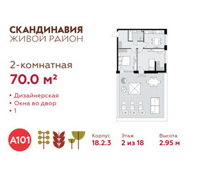 Планировка двухкомнатной(квартира) площадью 70 квадратных метров в ЖК “ЖК Скандинавия”