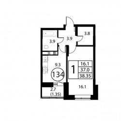 Планировка однокомнатной(квартира) площадью 38.4 квадратных метров в ЖК “ЖК Космос”