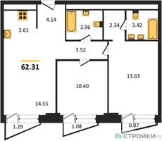 Планировка двухкомнатной(квартира) площадью 62.31 квадратных метров в “ЖК Moments (Моментс)”