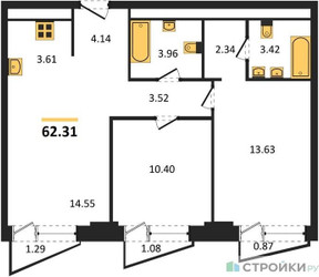 Планировка двухкомнатной(квартира) площадью 62.31 квадратных метров в ЖК “ЖК Moments (Моментс)”