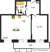 Планировка однокомнатной(квартира) площадью 45.6 квадратных метров в “ЖК Пироговская Ривьера”