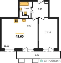 Планировка однокомнатной(квартира) площадью 45.6 квадратных метров в ЖК “ЖК Пироговская Ривьера”