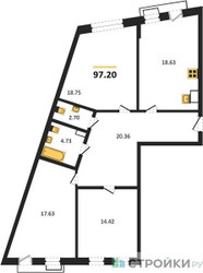Планировка трехкомнатной(квартира) площадью 97.2 квадратных метров в ЖК “ЖК Эльйон”