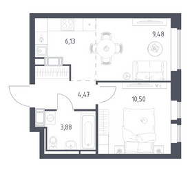 Планировка однокомнатной(квартира) площадью 34.46 квадратных метров в ЖК “ЖК Большое Путилково”