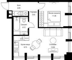 Планировка однокомнатной(квартира) площадью 45.05 квадратных метров в “ЖК Сити Бэй”