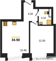 Планировка однокомнатной(квартира) площадью 34.9 квадратных метров в “ЖК Обручева 30”