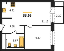 Планировка однокомнатной(квартира) площадью 33.65 квадратных метров в “ЖК Квартал Сабурово”