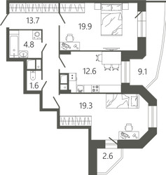Планировка двухкомнатной(квартира) площадью 75.9 квадратных метров в ЖК “ЖК Советская 18”