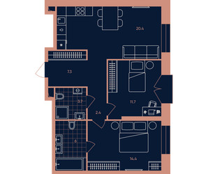 Планировка трехкомнатной(квартира) площадью 65.9 квадратных метров в ЖК “ЖК Эра”
