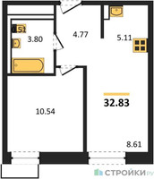 Планировка однокомнатной(квартира) площадью 32.83 квадратных метров в “ЖК Квартал Строгино”